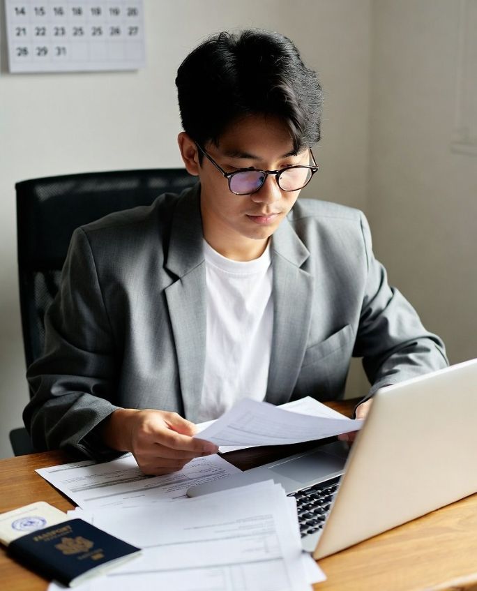 student reviewing visa documents